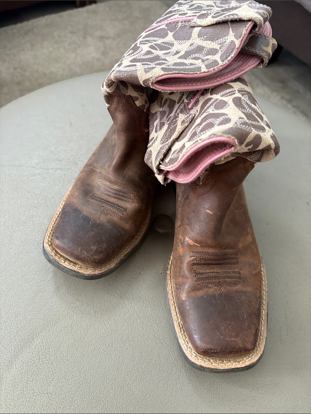 Ariat Kids Brown Leather Western Boots with Pink Patterned Cuff
